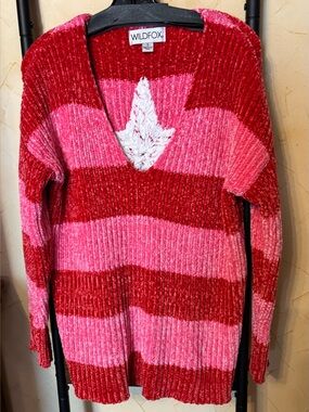 Wildfox Pink & Red Striped V-Neck Chenille Sweater Size S